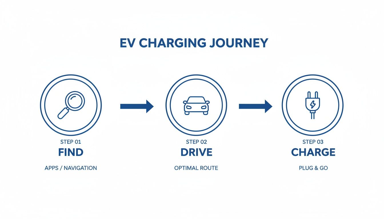 Diagram illustrating the three steps of an EV charging journey: find, drive, and charge.