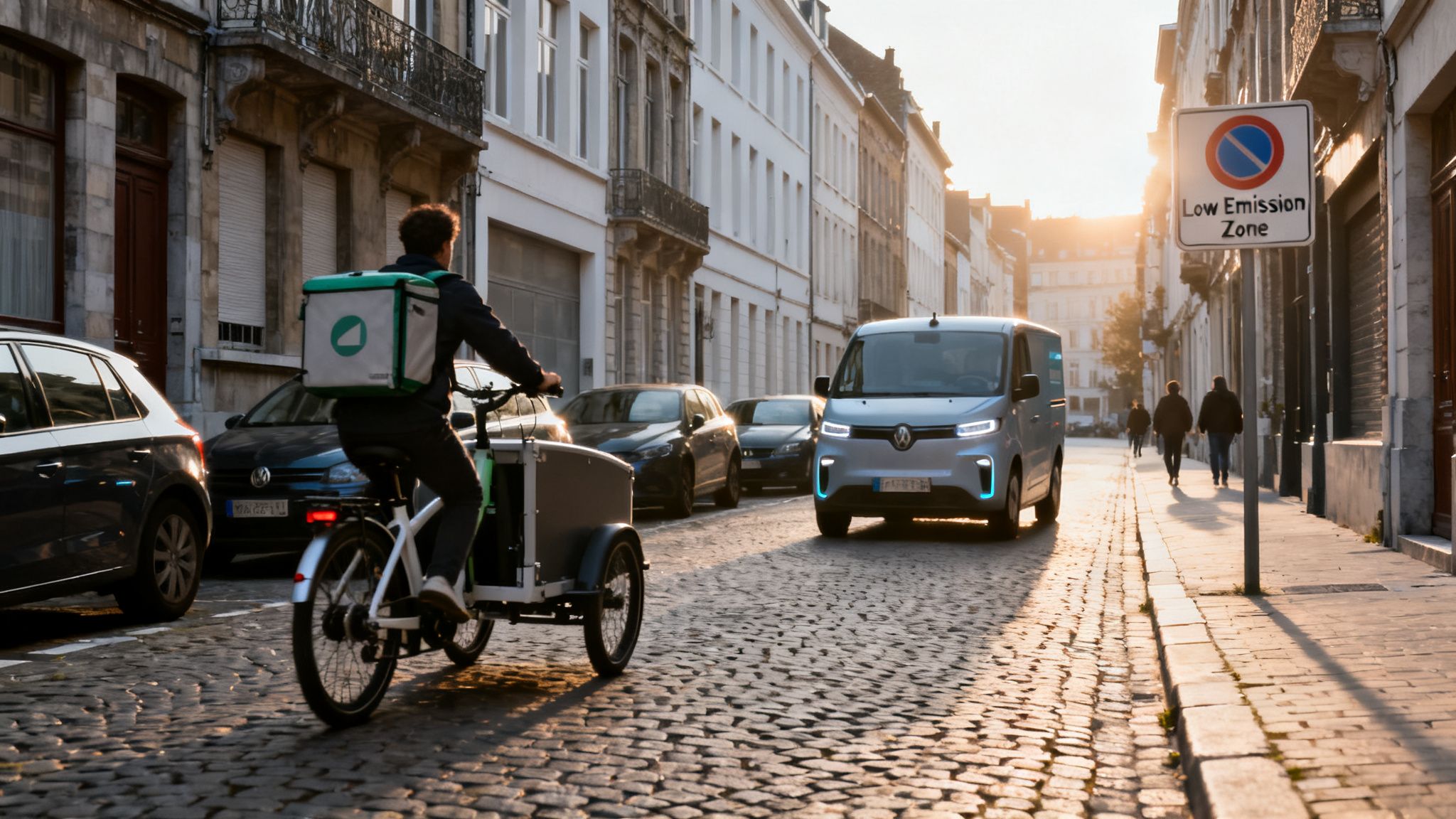 A delivery rider on a cargo bike and an electric van in a Low Emission Zone, promoting sustainable urban delivery.