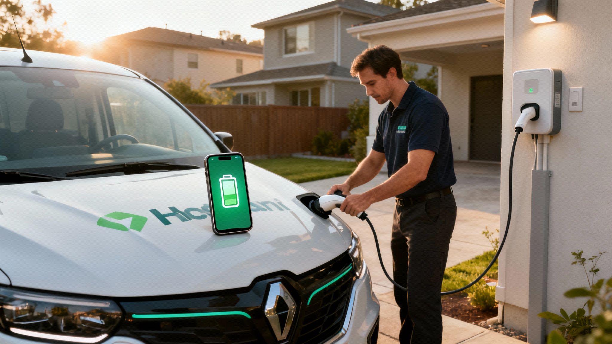 Man charges electric van with a phone displaying battery icon, at a home charging station.