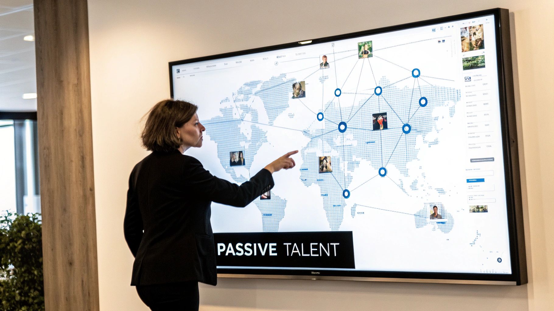 Woman points at interactive screen showing a world map with connected professional profiles and 'Passive Talent' text.