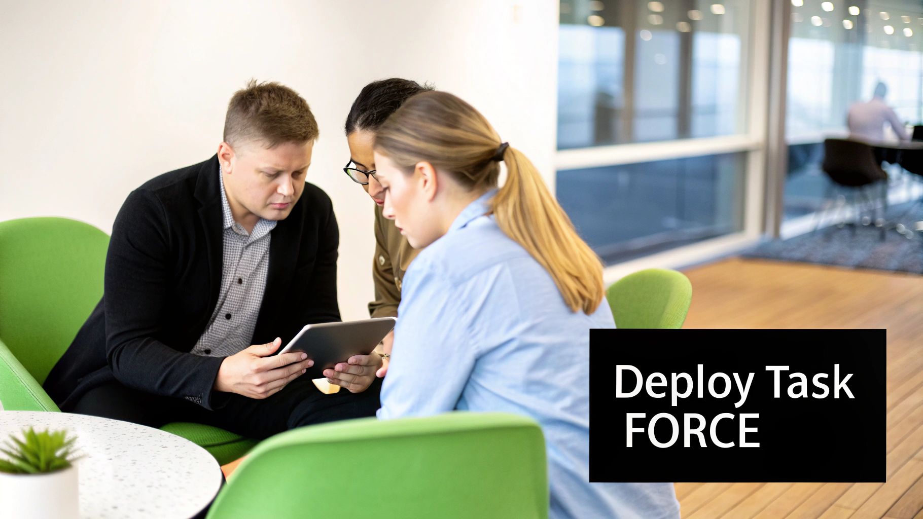 A group of three diverse professionals discussing content on a tablet in a modern office environment.