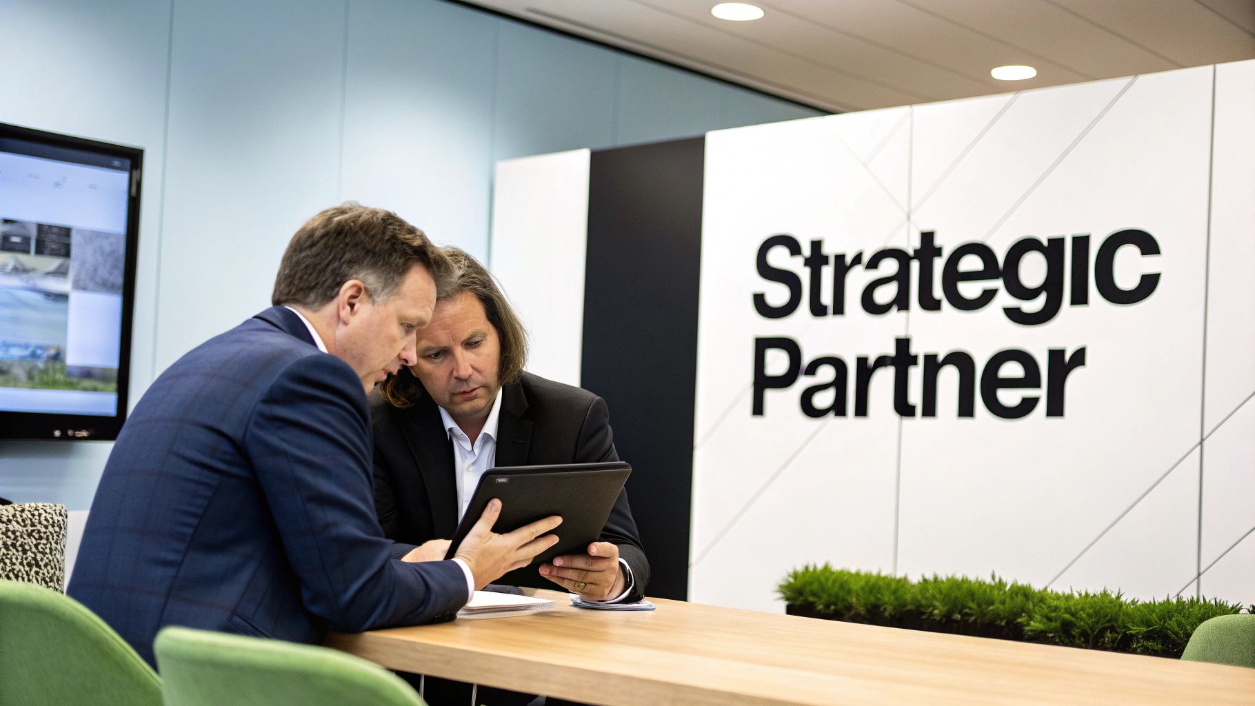 Two businessmen collaborate, looking at a tablet at a modern office table with a 'Strategic Partner' sign.
