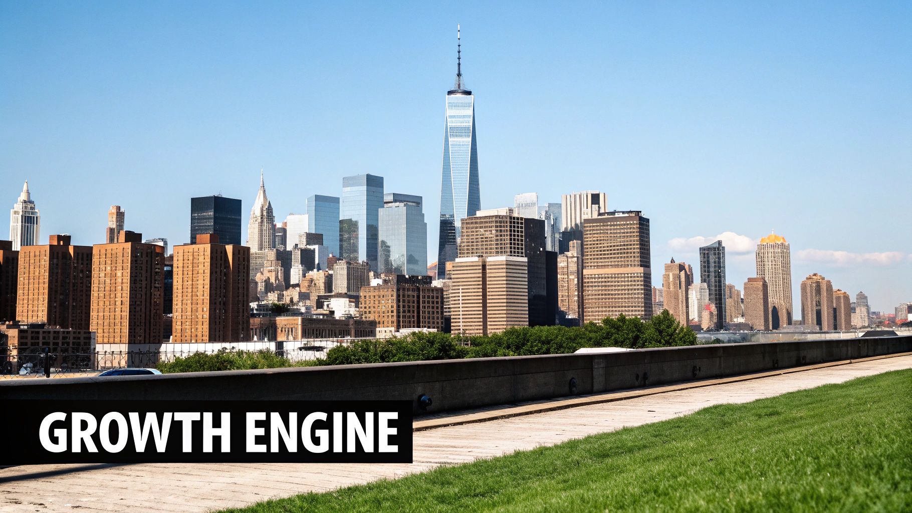 Panoramic city skyline with diverse skyscrapers and a green park in the foreground under a clear sky.