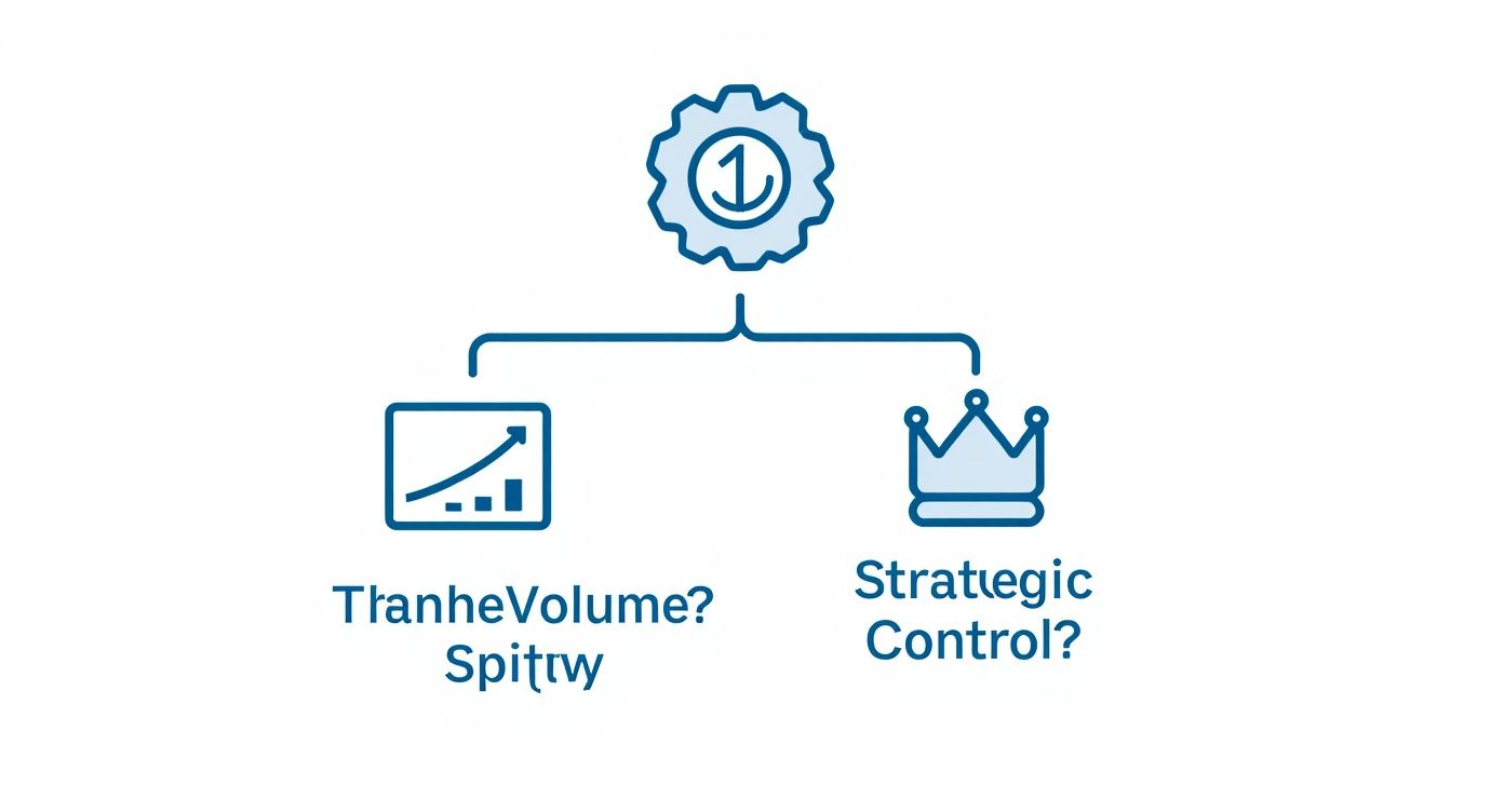 Diagram showing a gear with '1' branching to graph (volume) and crown (strategic control).