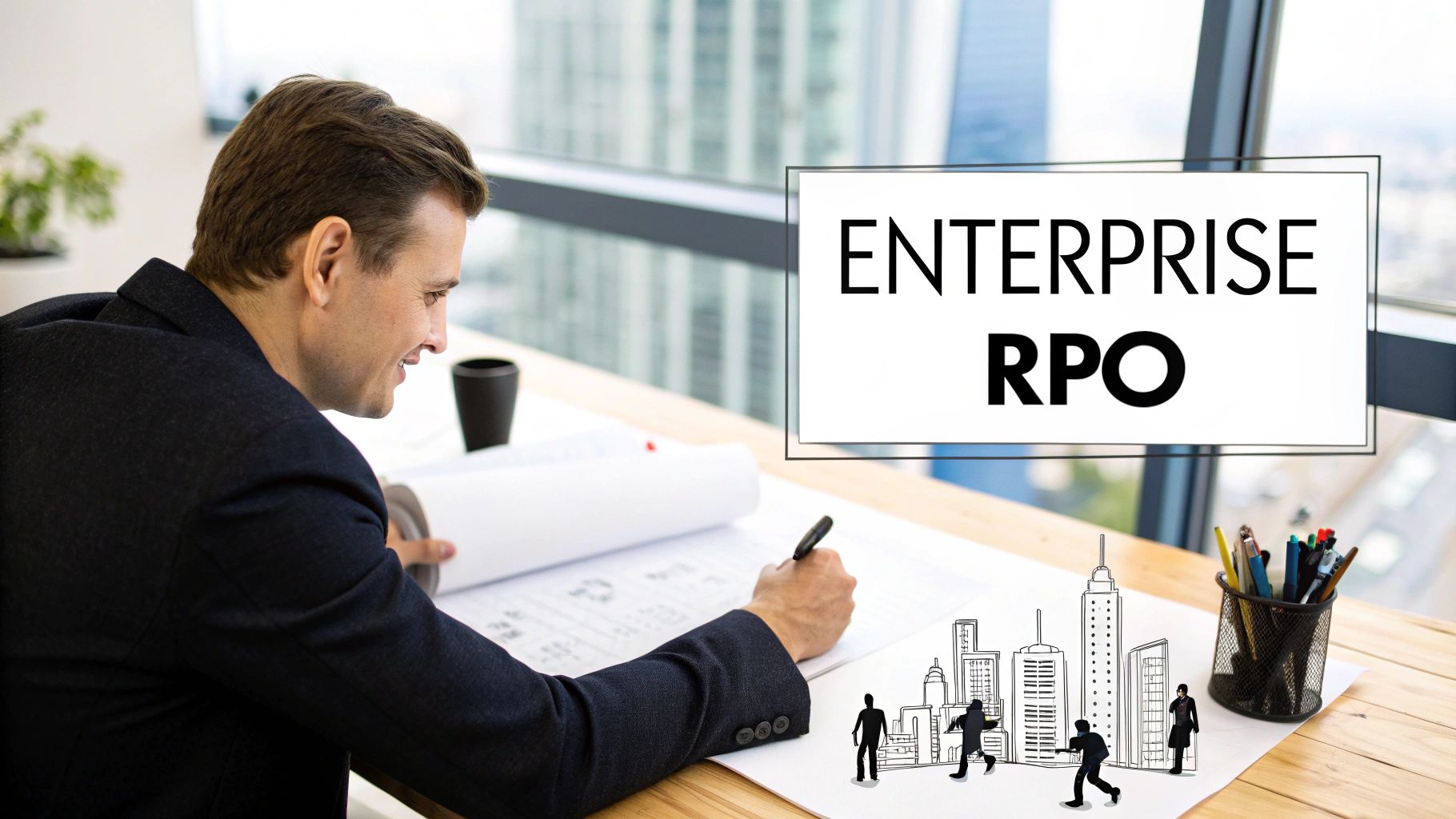 Smiling businessman works on architectural plans at a desk, with 'Enterprise RPO' text and city drawings.