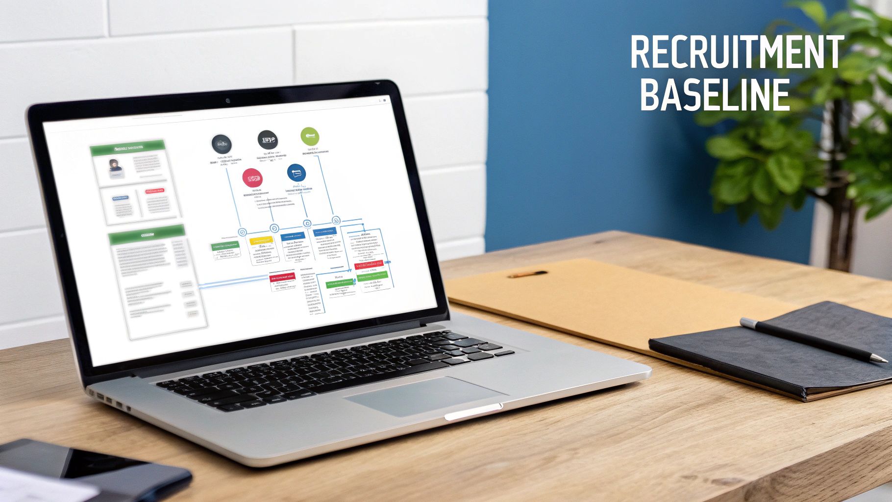 Laptop displaying a recruitment process flowchart on a wooden desk with a notebook and a plant.