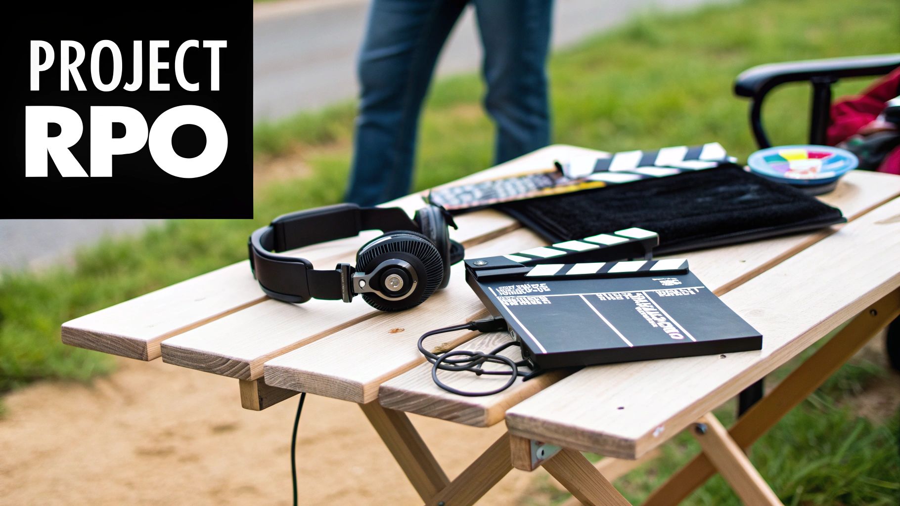 Filmmaking equipment, including headphones and a clapboard, rests on a wooden table outdoors.