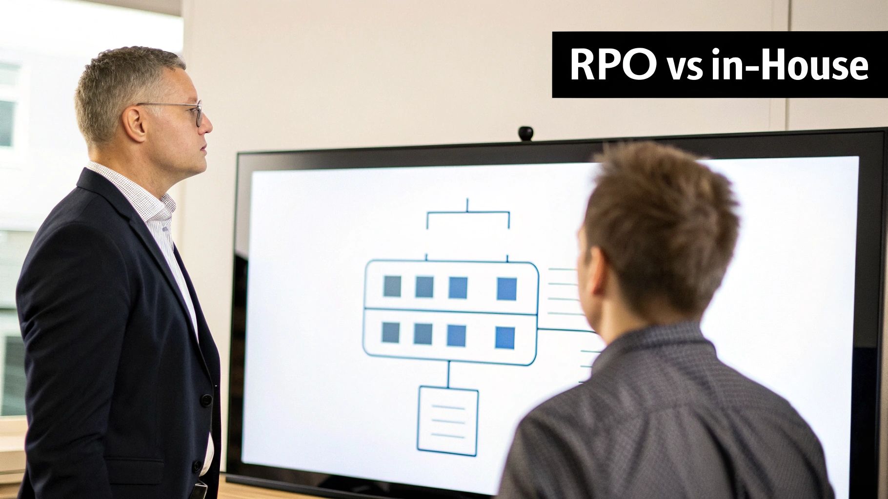Two men in a professional setting looking at a screen displaying a diagram and 'RPO vs in-House' text.