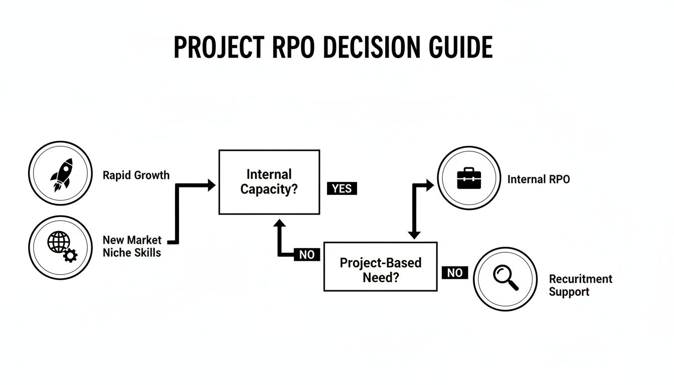Flowchart guiding Project RPO decisions based on rapid growth, niche skills, internal capacity, and project needs.