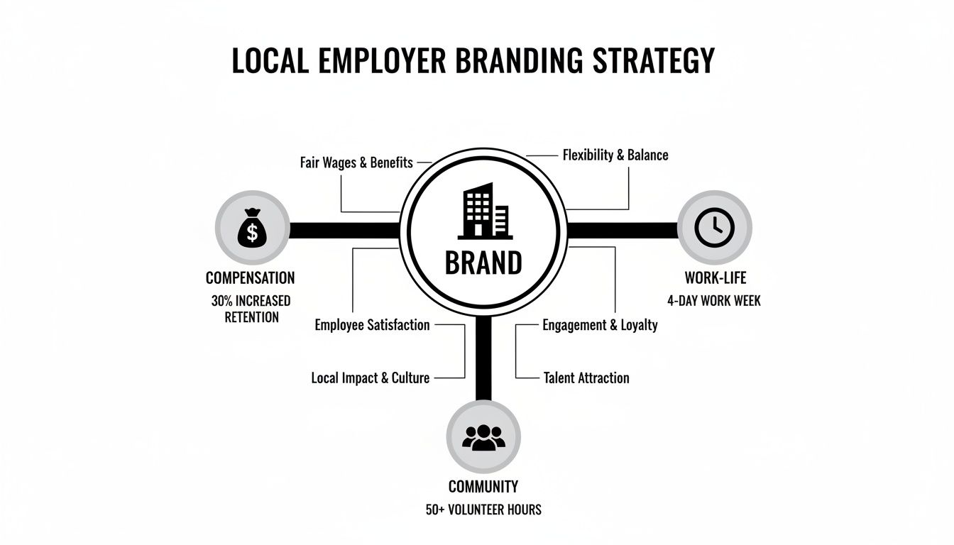 A diagram outlining a local employer branding strategy, focusing on compensation, work-life, and community.