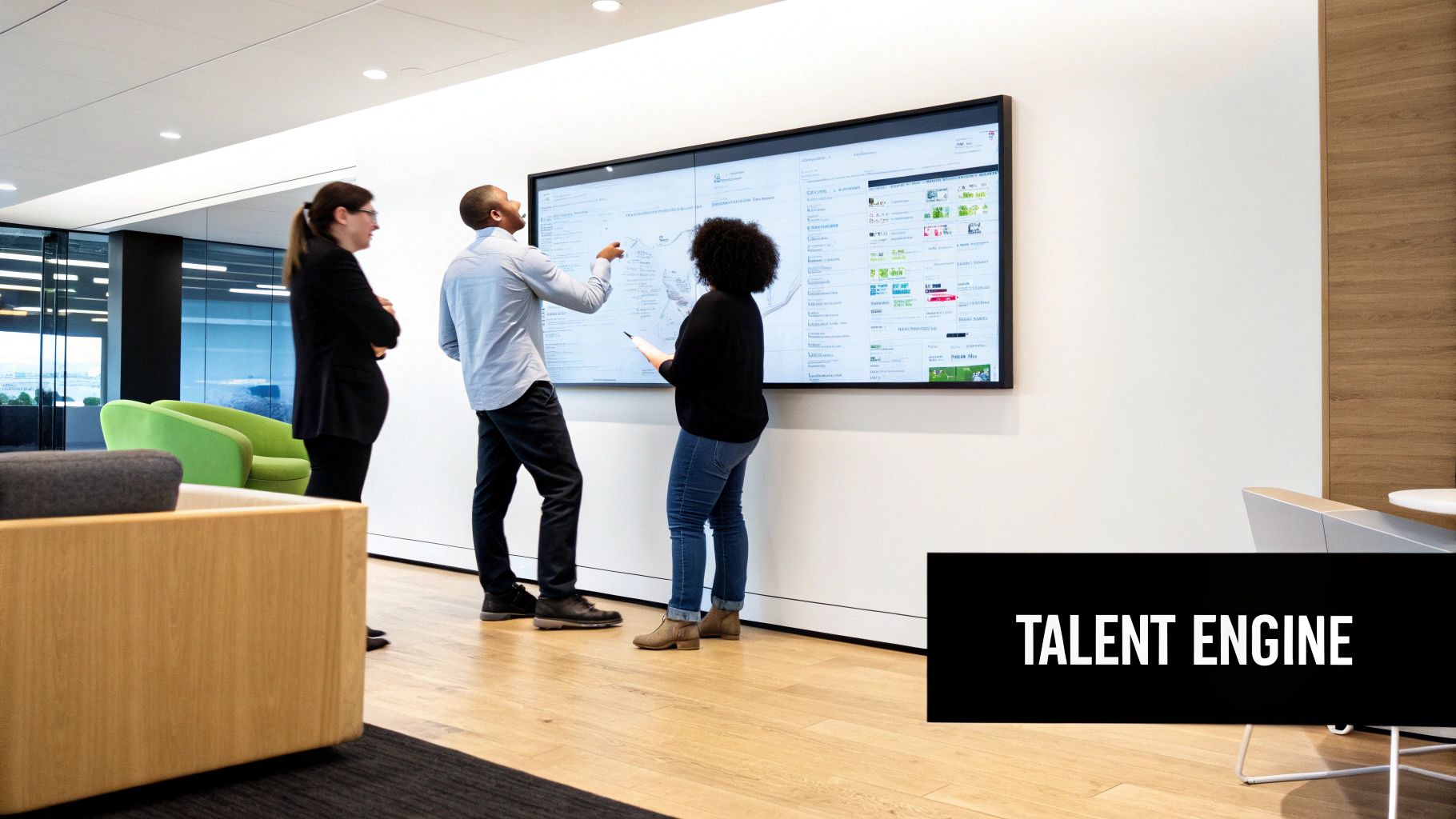 Three professionals collaborate, discussing data on a large digital screen in a modern office environment.