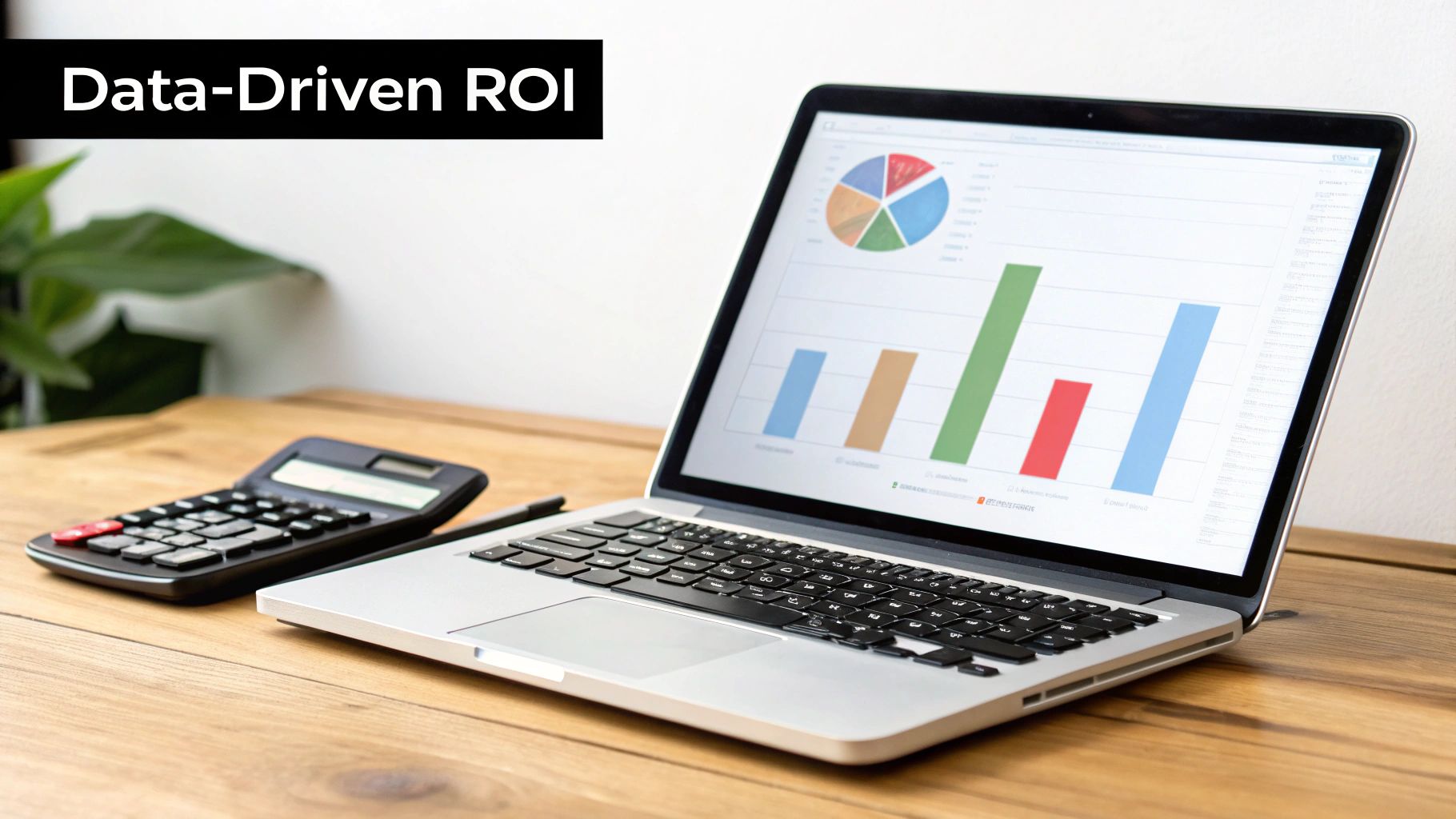 A laptop displays data-driven ROI charts, with a calculator and pen on a wooden desk.