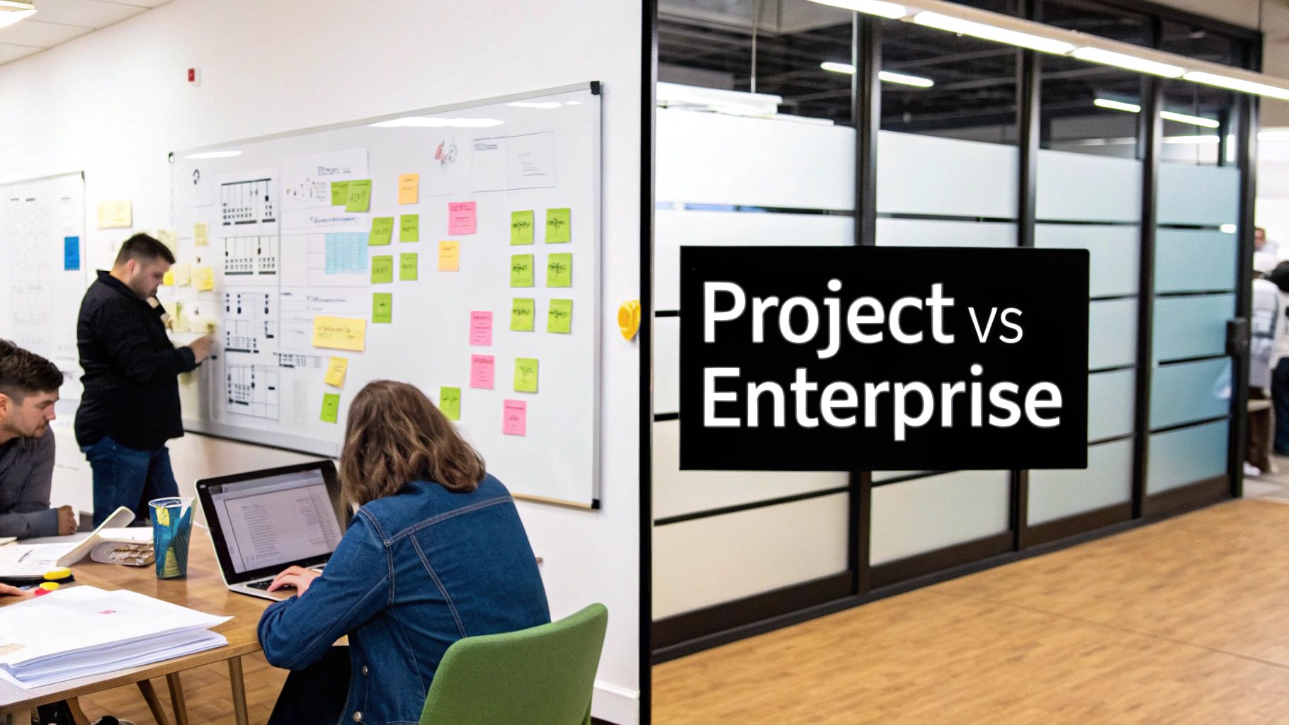People collaborating on a whiteboard for project planning, juxtaposed with 'Project vs Enterprise' text in a modern office.