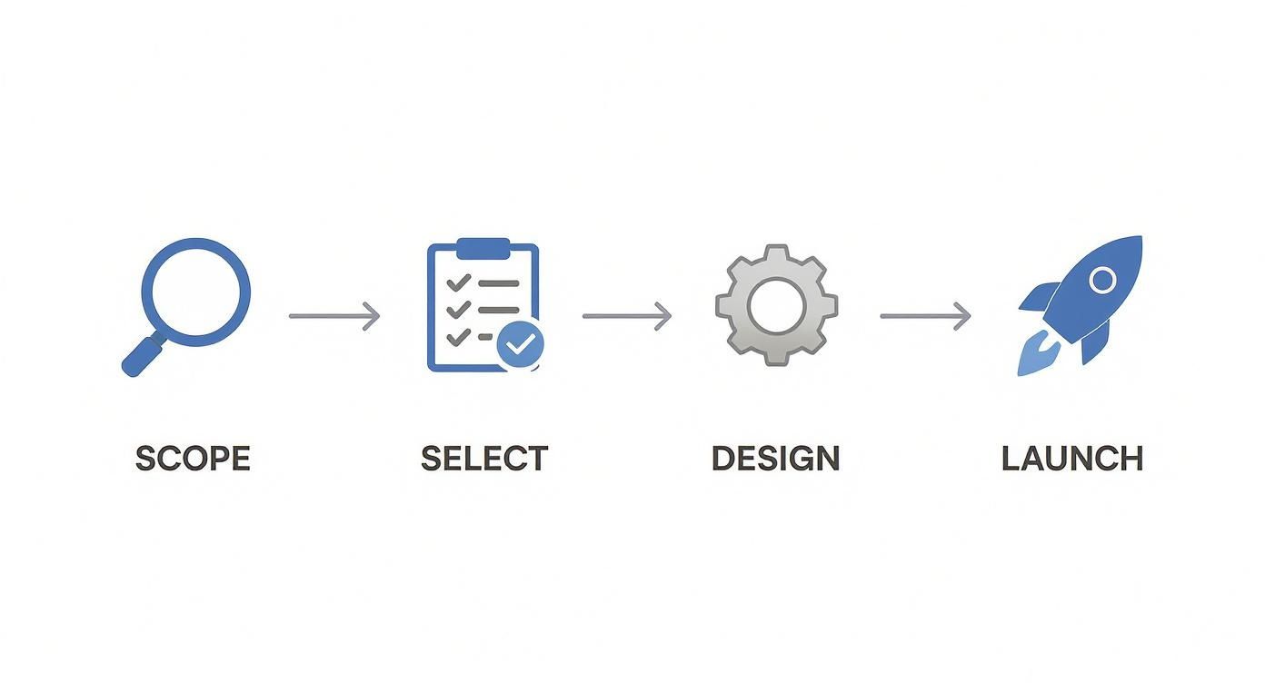A four-step process flow diagram with icons and arrows: Scope (magnifying glass), Select (clipboard), Design (gear), Launch (rocket).