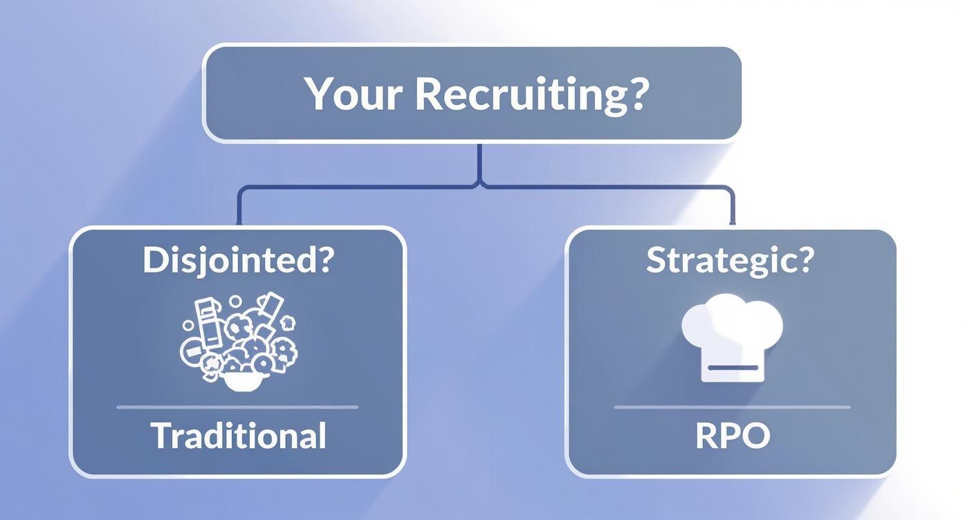 Flowchart illustrating the choice between disjointed traditional recruiting and strategic RPO (Recruitment Process Outsourcing).