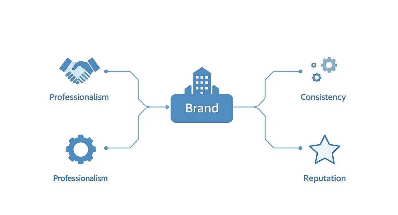 Infographic illustrating the core elements of a strong brand: professionalism, consistency, and reputation.