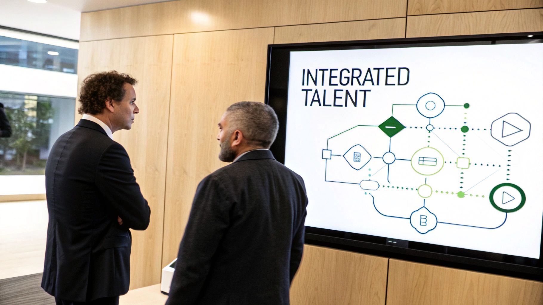 Two businessmen in suits attentively observing a screen with an 'Integrated Talent' diagram.