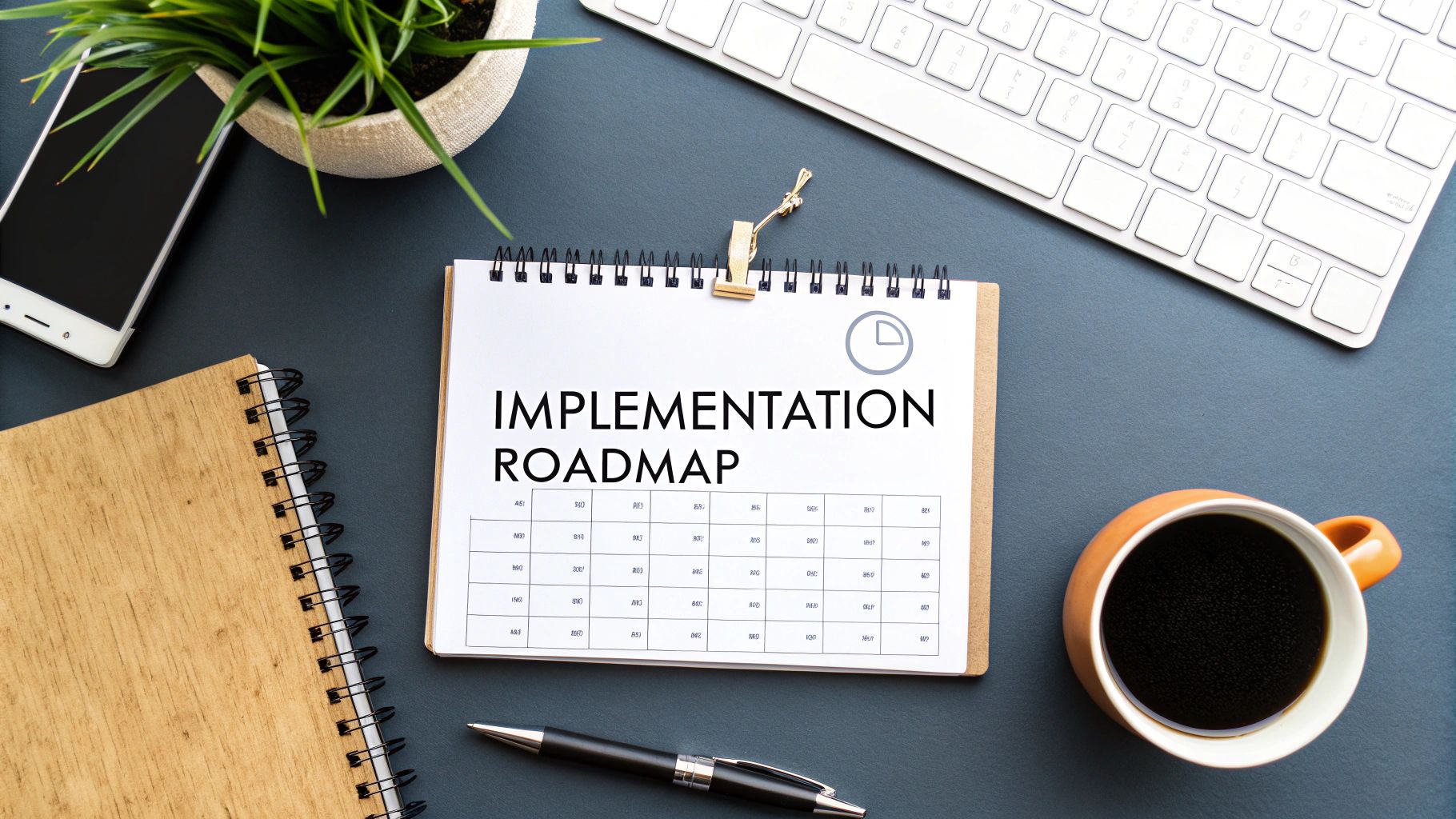 Top-down view of a modern desk with an 'Implementation Roadmap' notebook, coffee, and tech.