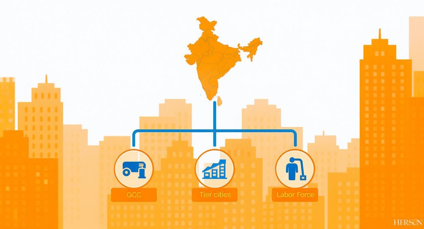 A map of India connecting to GCC, Tier cities, and Labor Force icons over a city background.