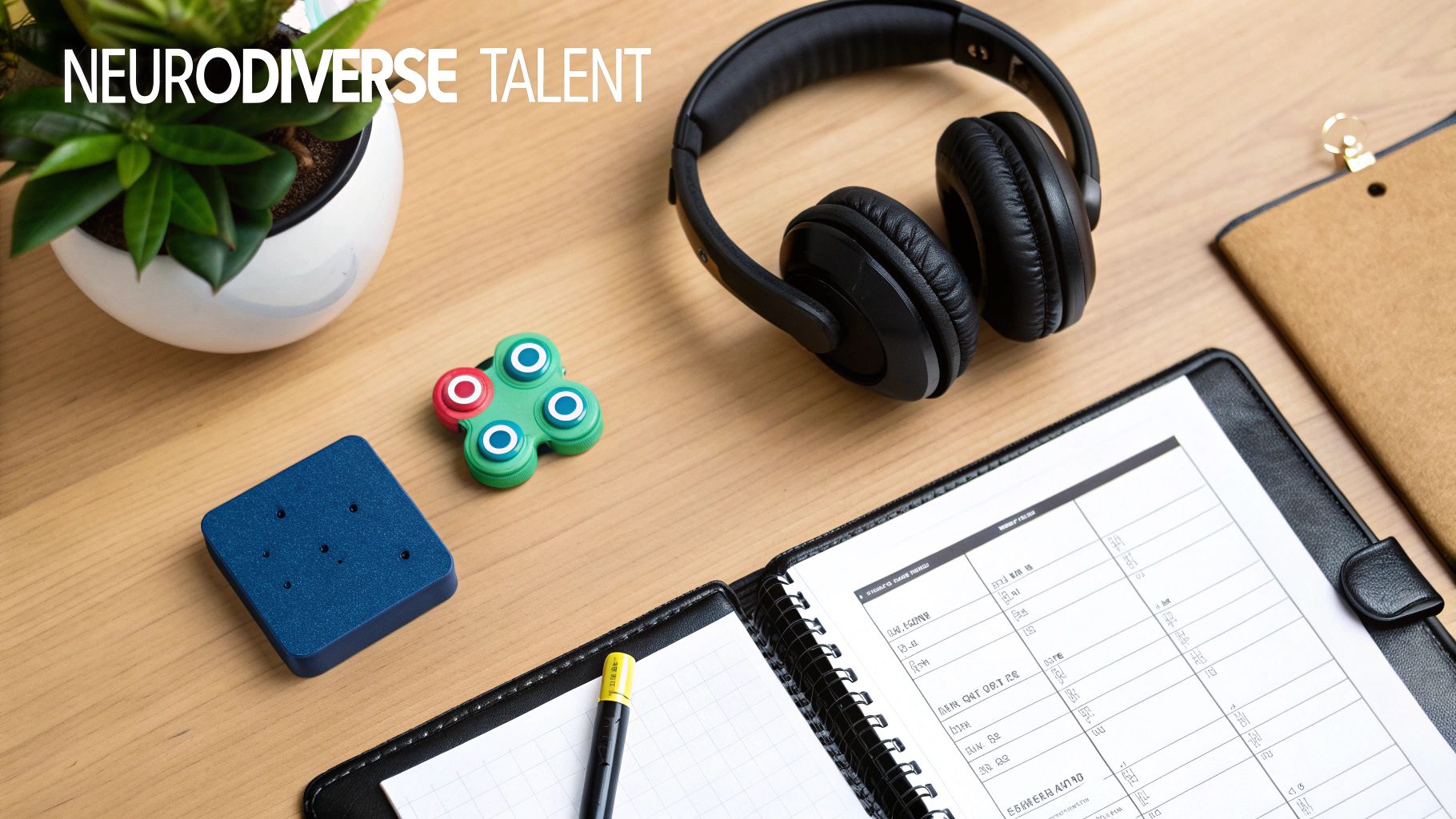 A workspace with a plant, headphones, fidget toy, and planner, promoting neurodiverse talent.