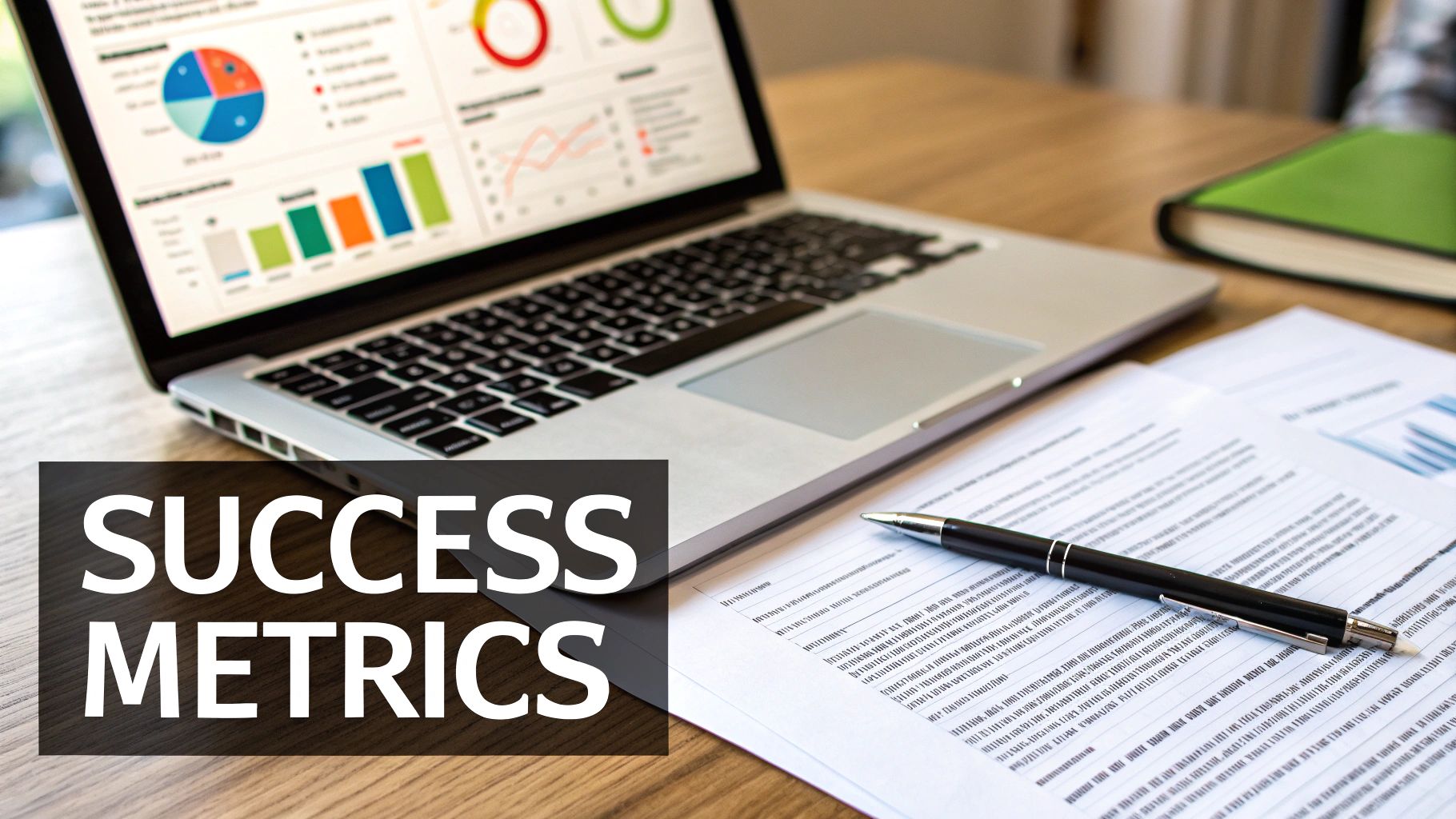 Workspace with a laptop displaying success metrics charts, documents, and a pen on a wooden desk.