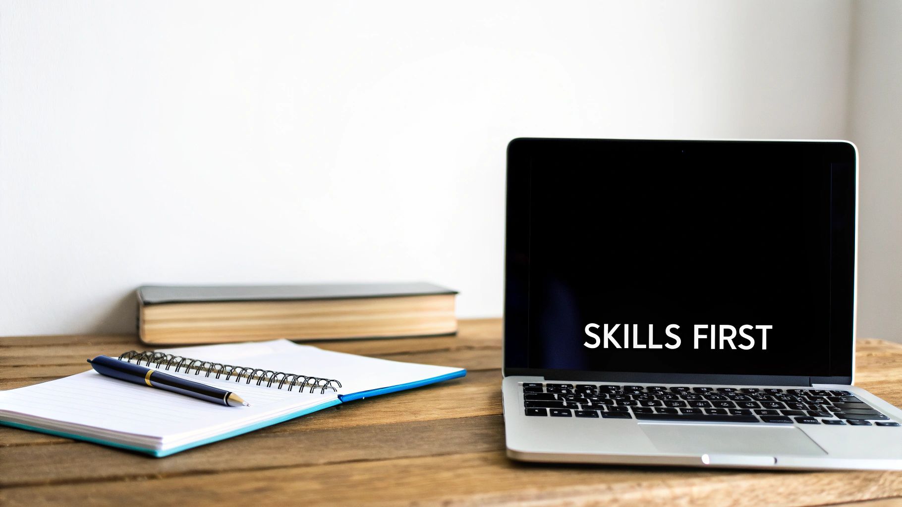 A modern laptop displaying 'SKILLS FIRST' on its screen next to a notebook and pen.