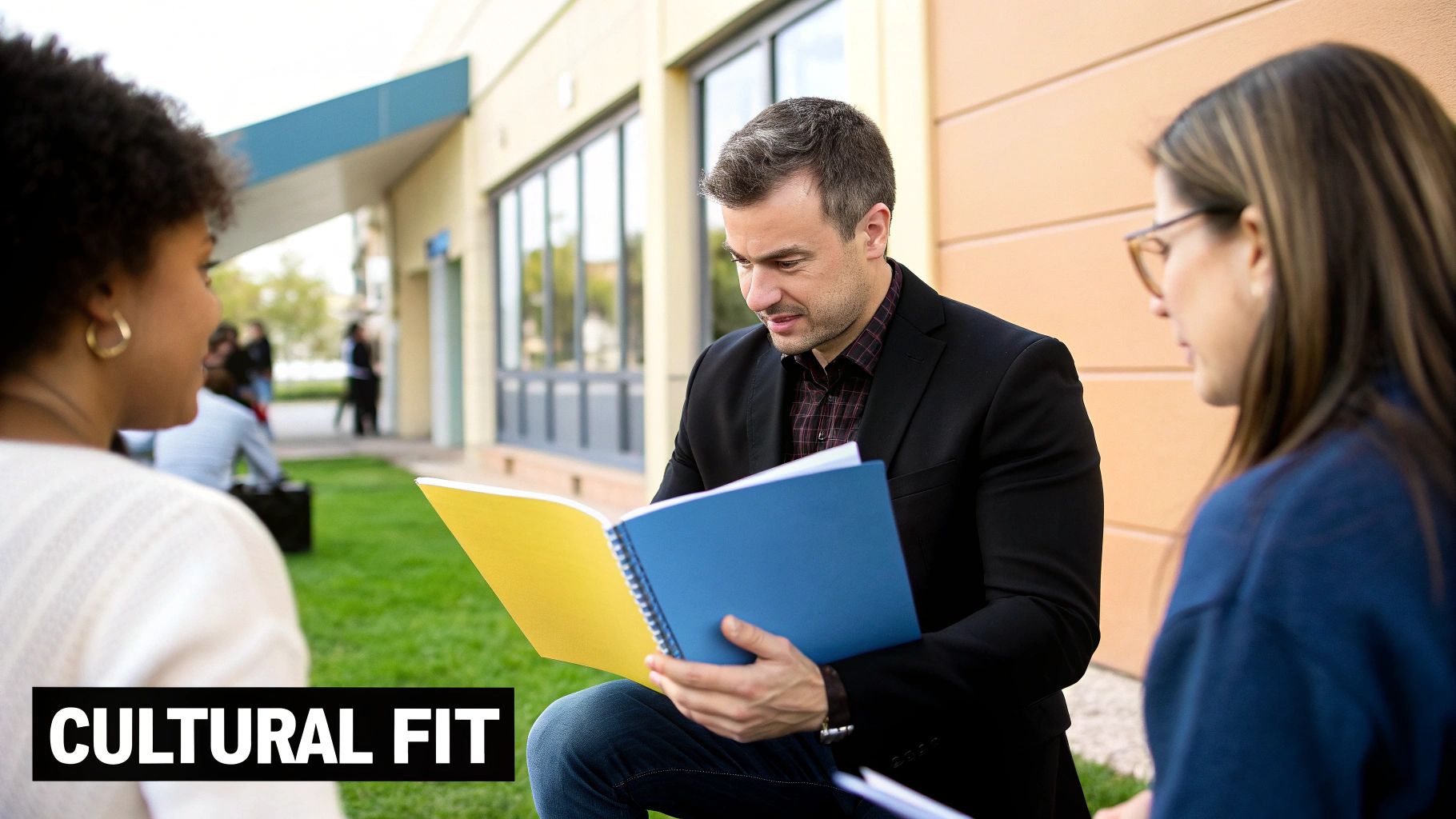 Three professionals discussing outside, with a man reviewing notes in a blue and yellow notebook.