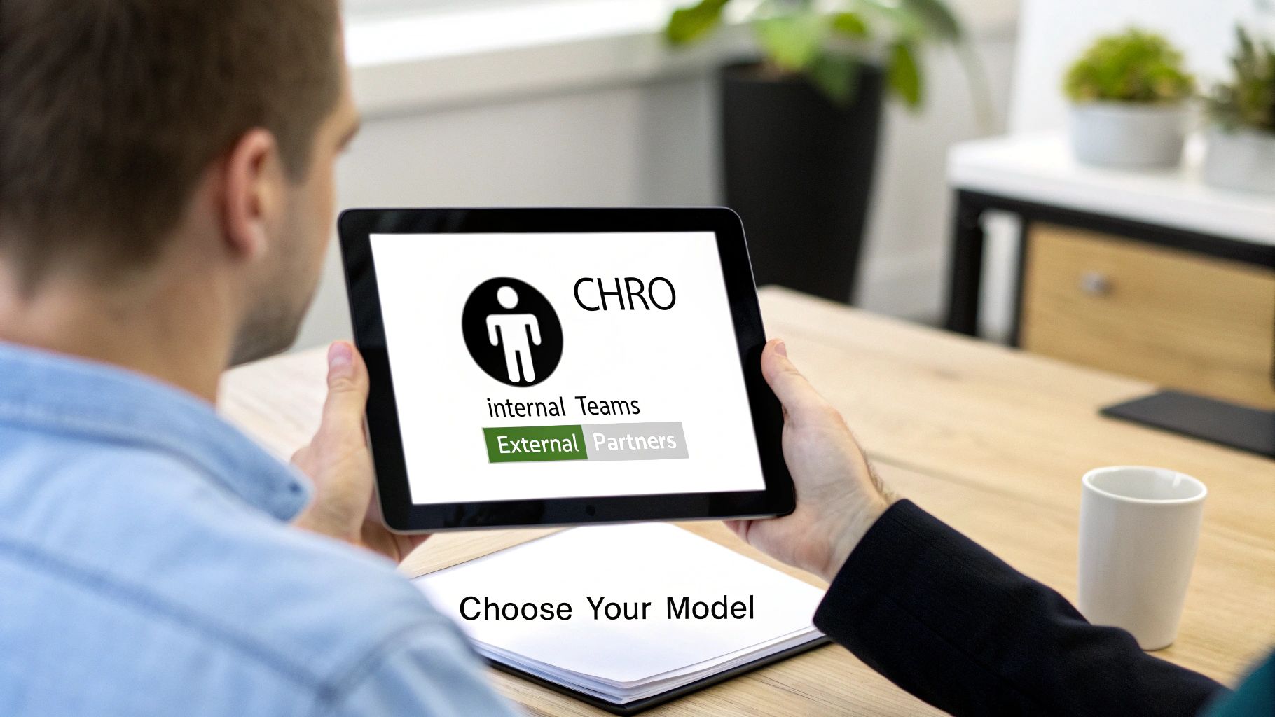 Two people view a tablet displaying CHRO options, highlighting 'External' and 'Partners' in a business setting.