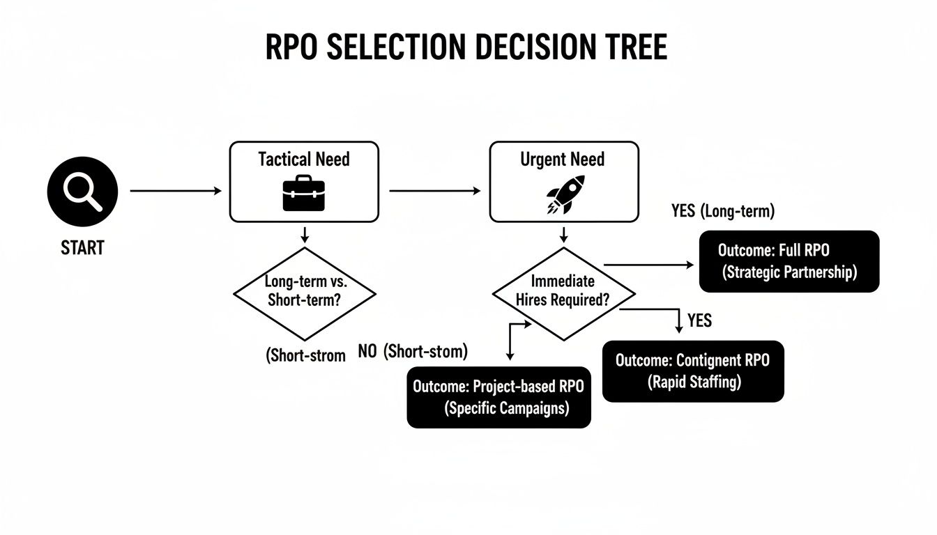 RPO selection decision tree flowchart illustrating different RPO models based on business needs.