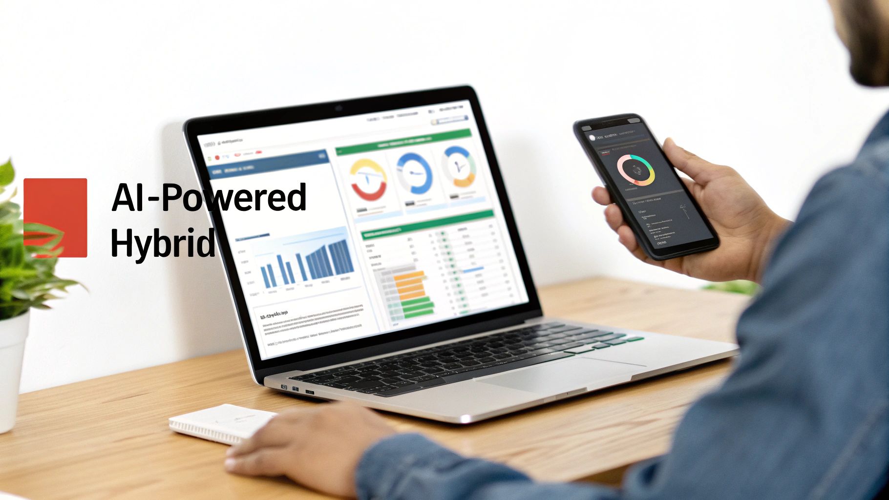 Person using a laptop and smartphone displaying AI-powered hybrid data analytics dashboards.