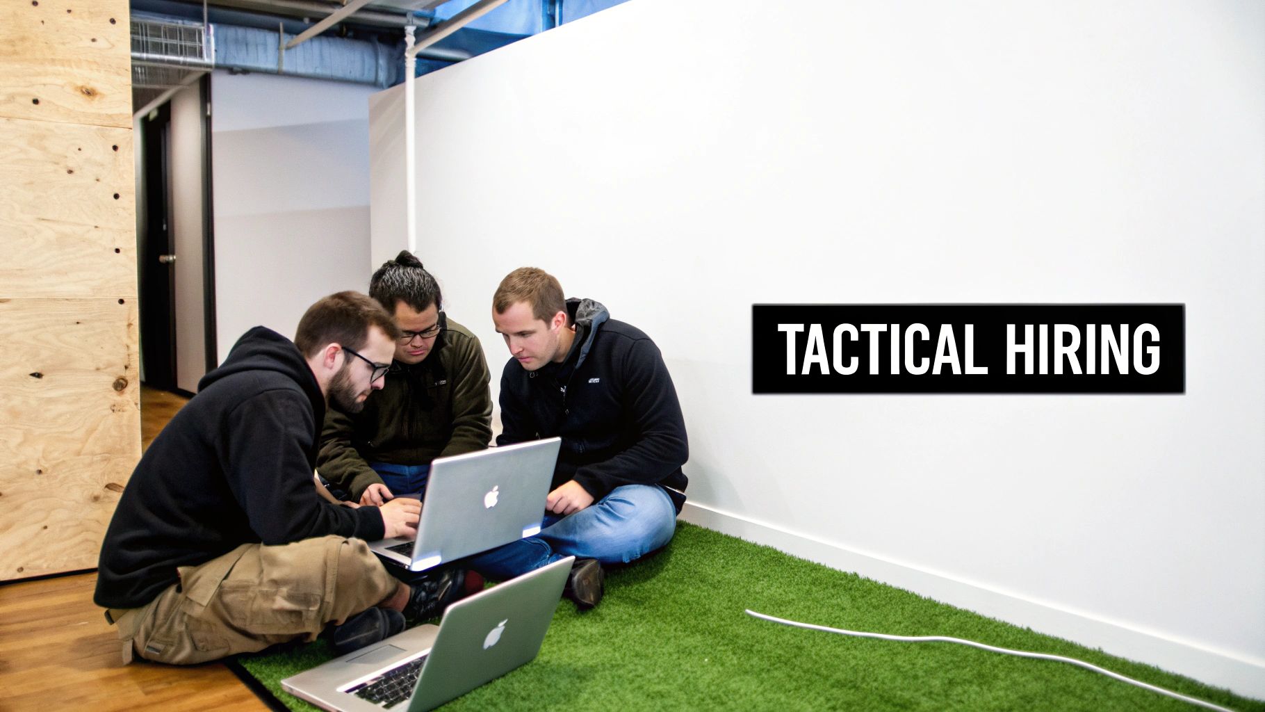 Three men collaborate on laptops in a modern office with 'TACTICAL HIRING' text on the wall.