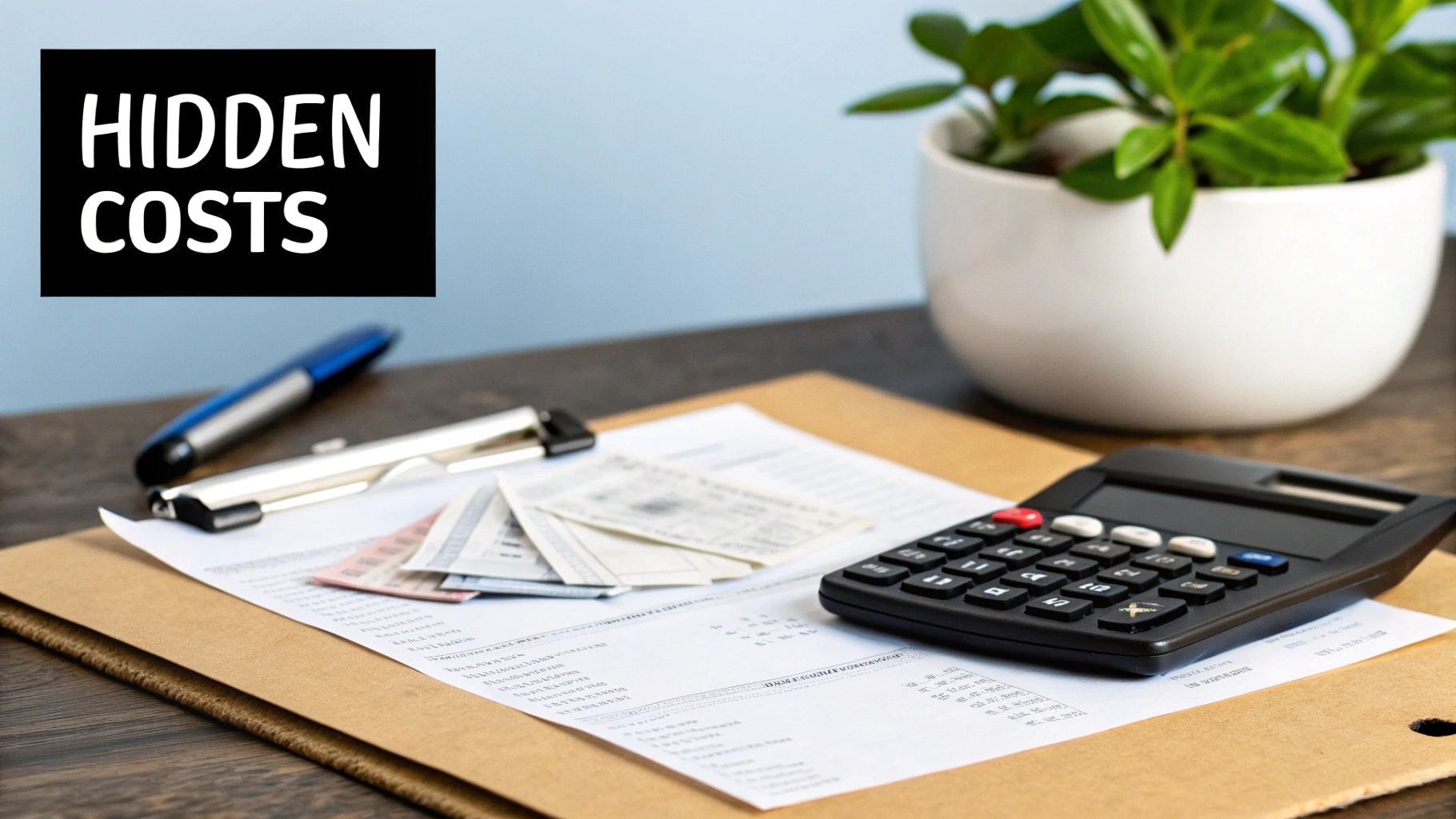 A desk with a calculator, documents, and cash, with a sign saying 'HIDDEN COSTS'.