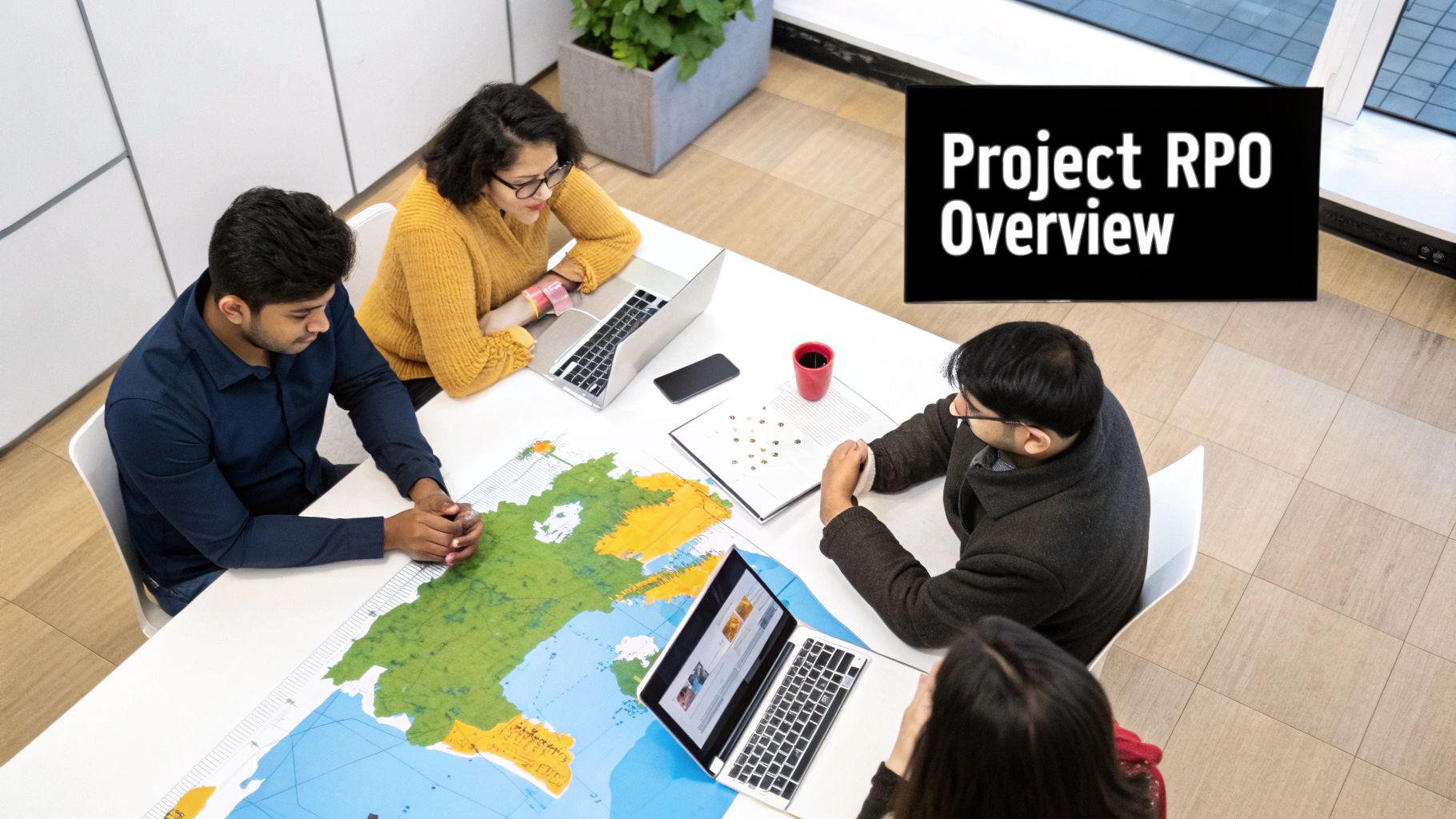 Four people collaborating around a table with a map, laptops, and a screen showing 'Project RPO Overview'.