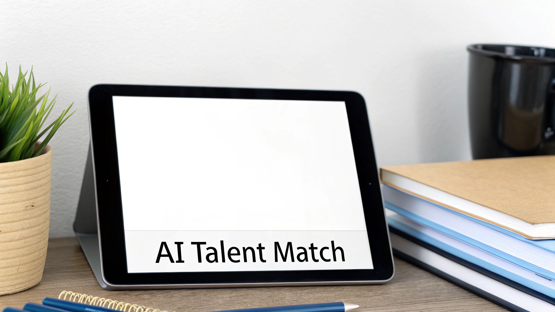 A tablet screen displaying 'AI Talent Match' on a wooden desk with a plant and books.