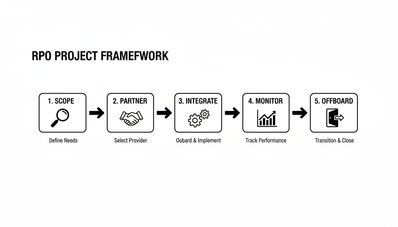 An RPO Project Framework flowchart illustrating five sequential steps: Scope, Partner, Integrate, Monitor, and Offboard.