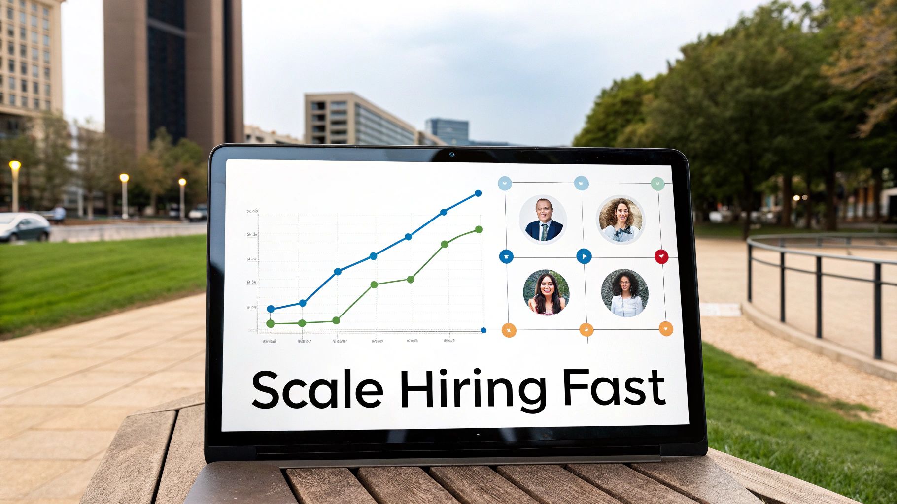Laptop screen shows a hiring growth graph with team member photos and 'Scale Hiring Fast' text outdoors.