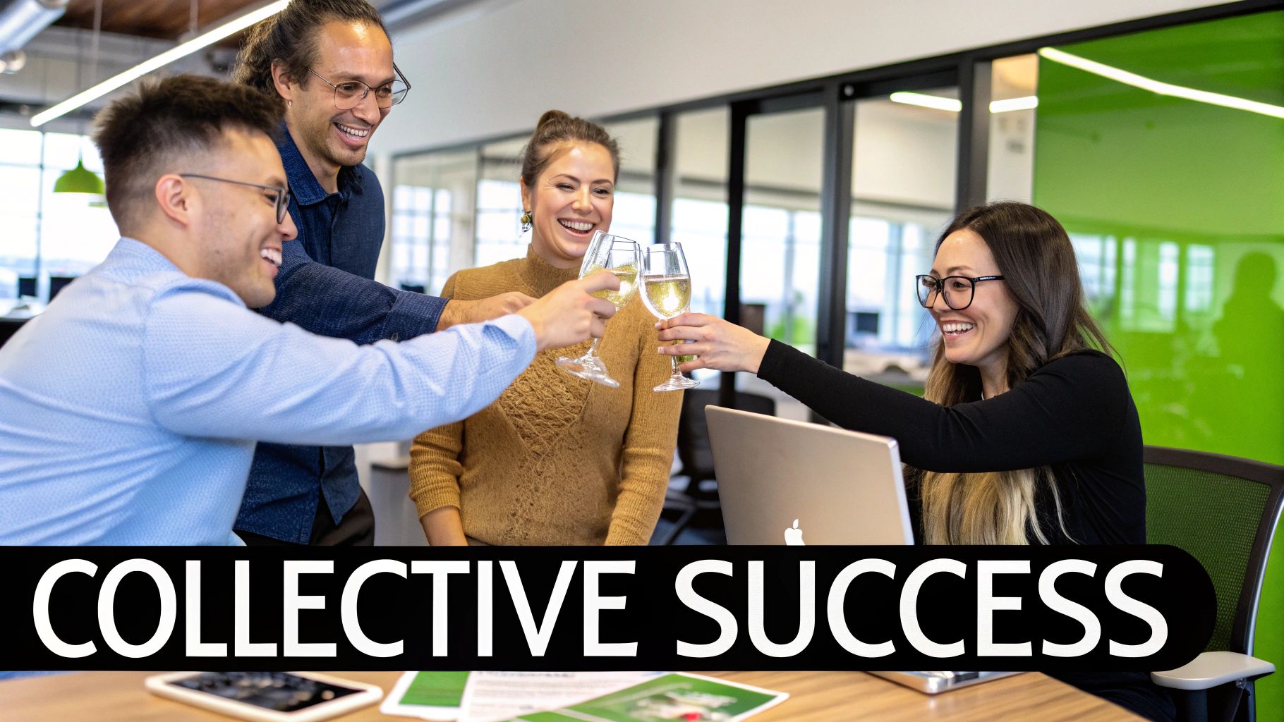 A chart showing upward-trending business metrics, held by a person presenting to a group of executives, symbolising a successful business case.