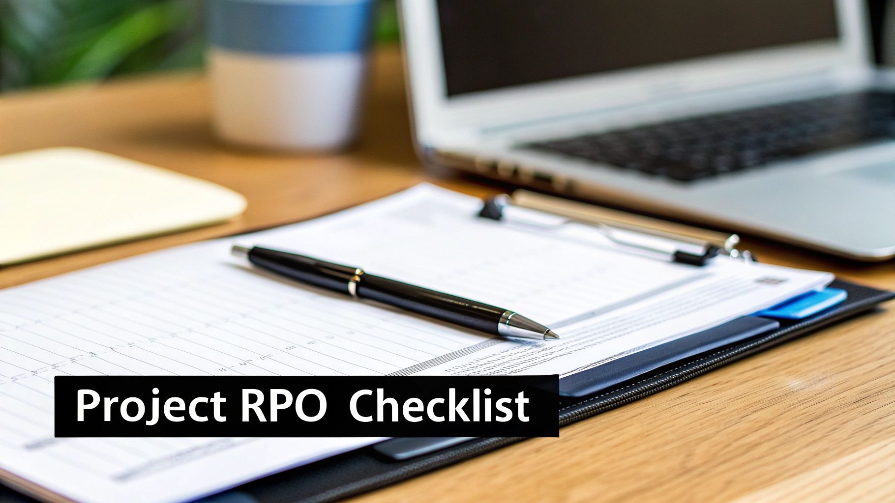 A pen rests on a clipboard with a 'Project RPO Checklist' document on a wooden desk.