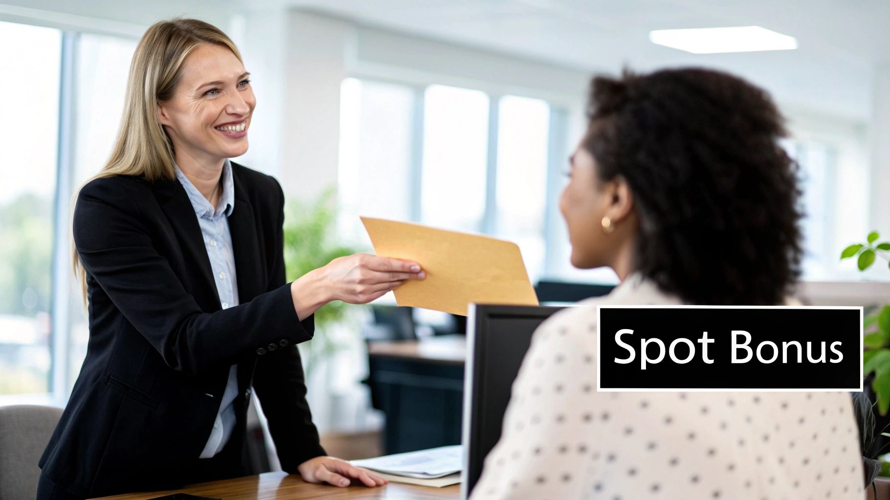 A manager giving an employee a high-five in a modern office, representing immediate recognition.