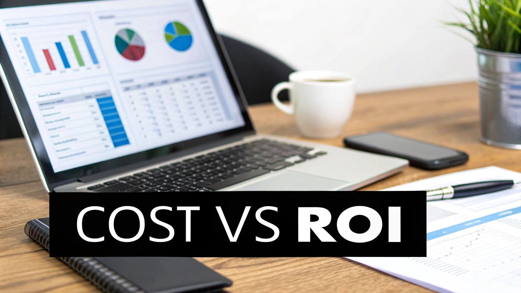 A desk setup with a laptop showing financial charts, a coffee cup, and a smartphone, with 'COST VS ROI' text.