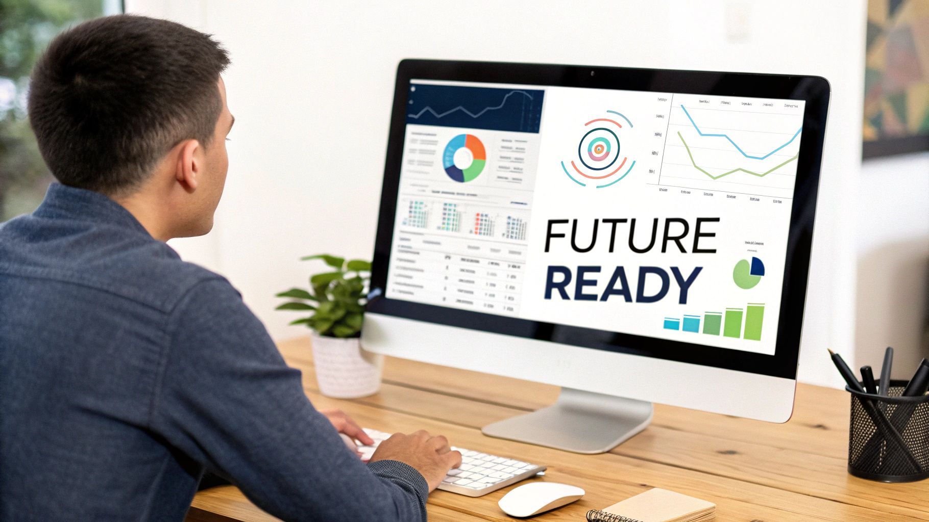 A man views a computer screen displaying business charts, graphs, and 'FUTURE READY' text.