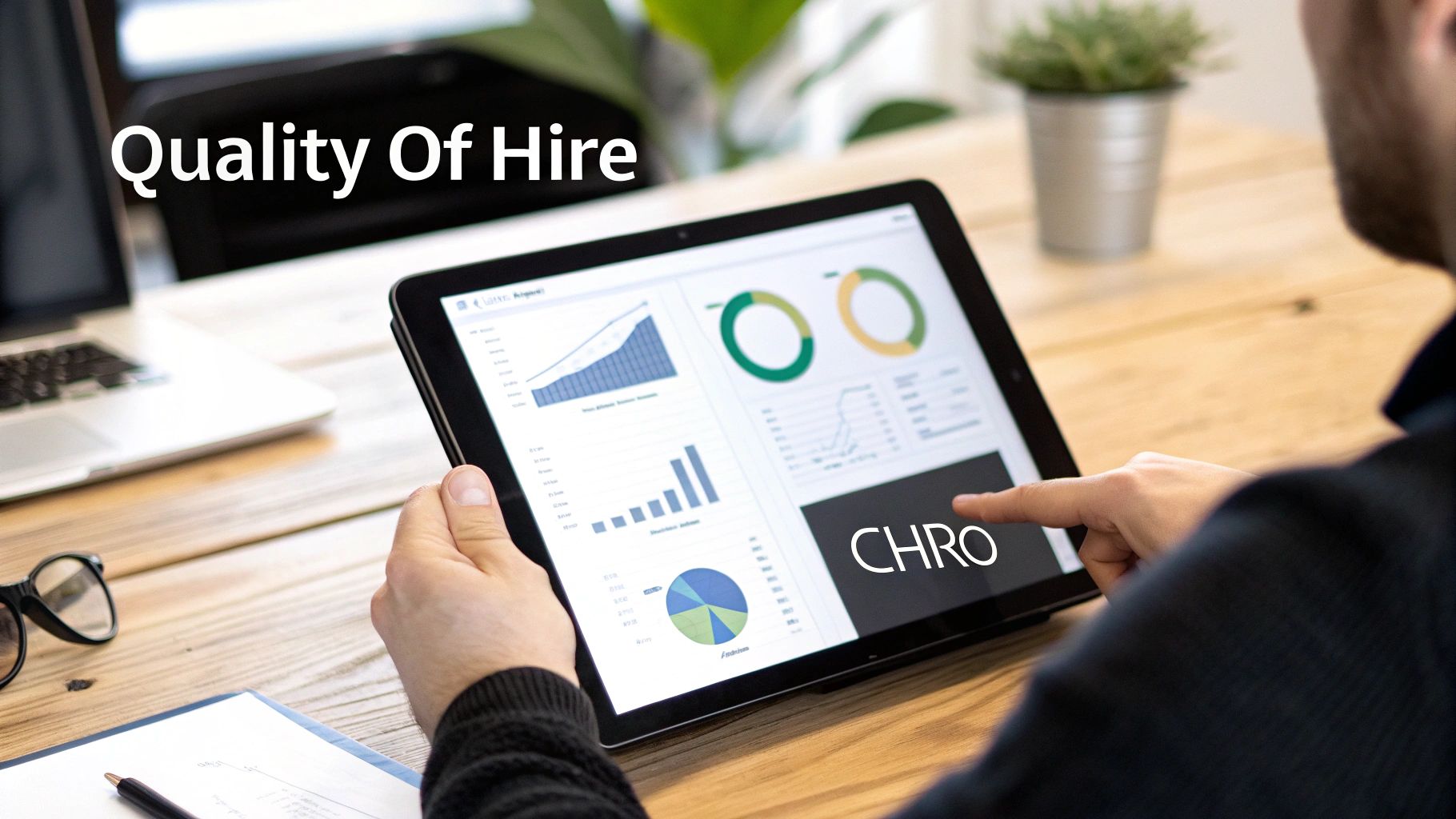 A person uses a tablet displaying charts, graphs, and 'CHRO' text, related to quality of hire.