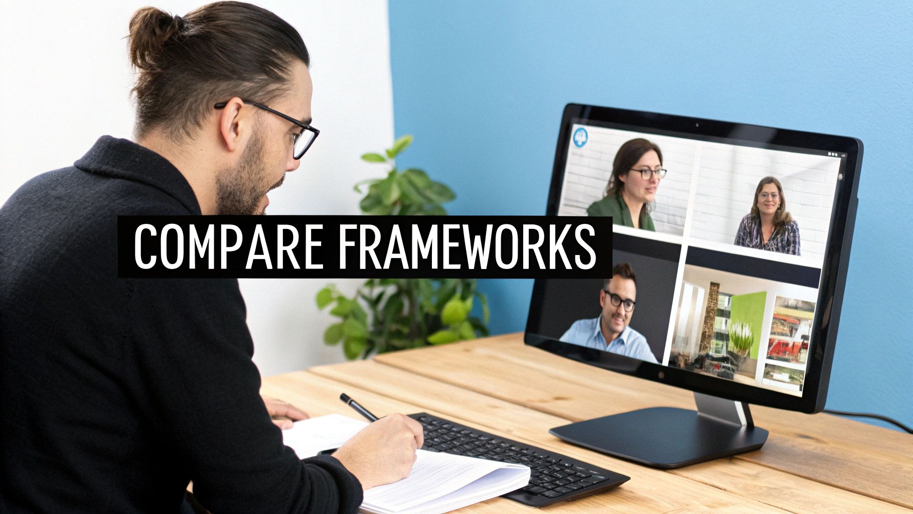 A person with a man bun takes notes at a desk during a video conference, text 'COMPARE FRAMEWORKS'.