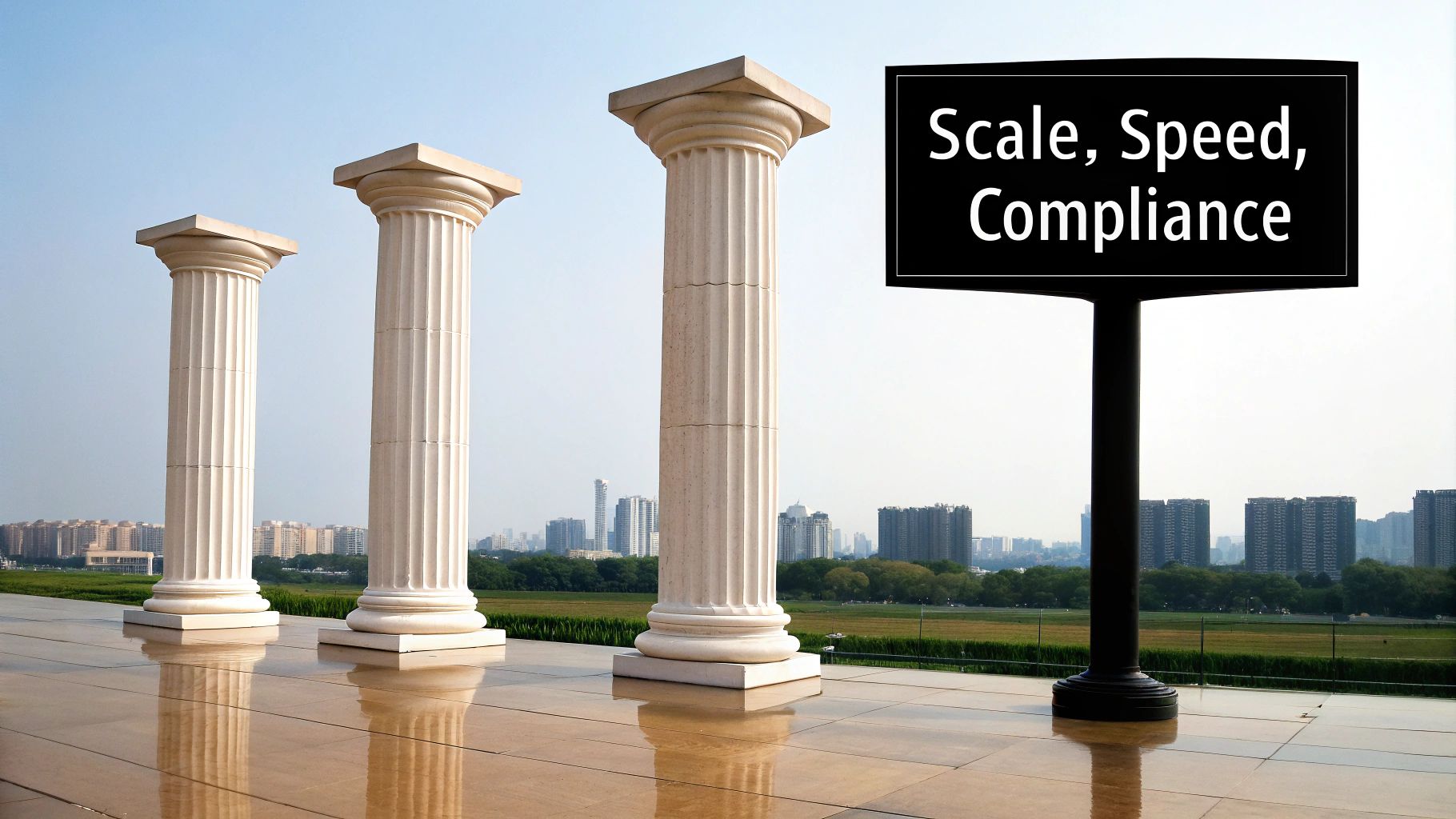 Three white classical columns and a black sign displaying 'Scale, Speed, Compliance' against a city skyline.