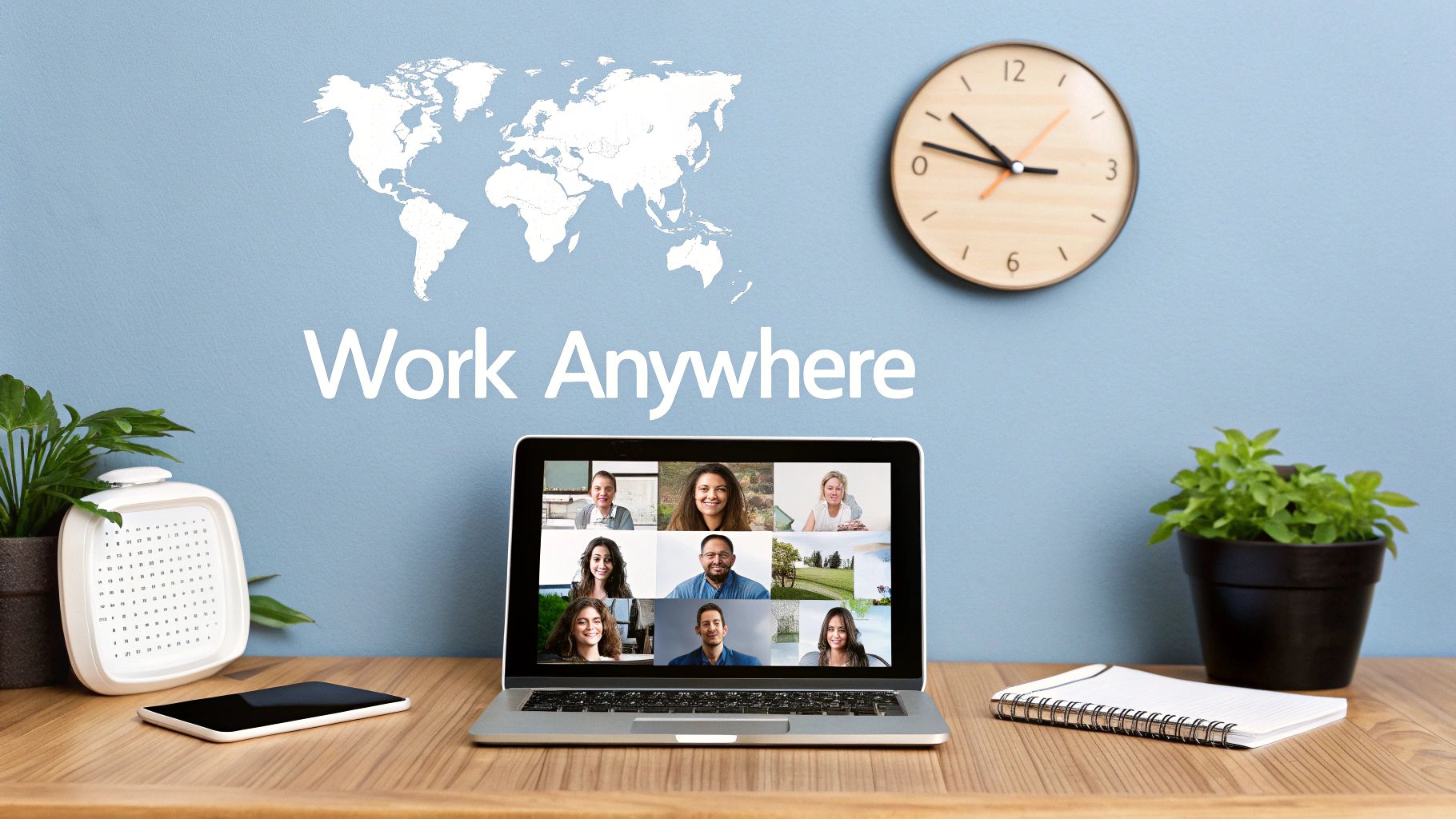 A laptop on a wooden desk displaying a video conference, with 'Work Anywhere' text and a world map on the wall.