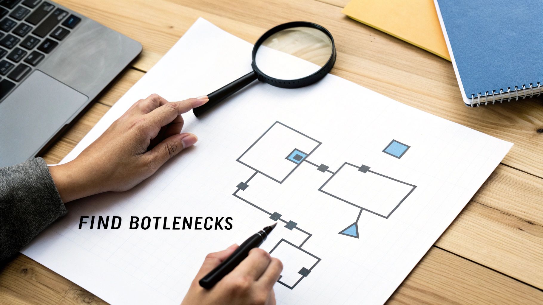 Business professional analyzing workflow diagram with magnifying glass to identify process bottlenecks and inefficiencies