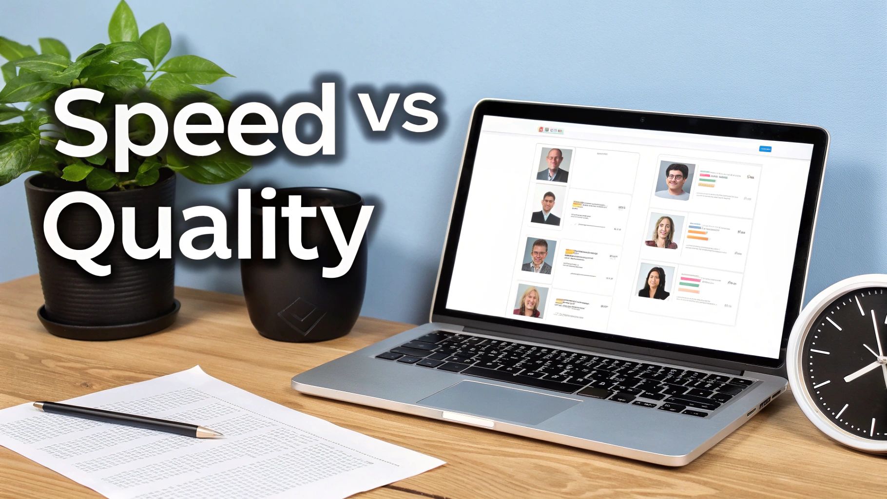 Laptop screen shows candidate profiles with 'Speed vs Quality' text, representing recruitment challenges.
