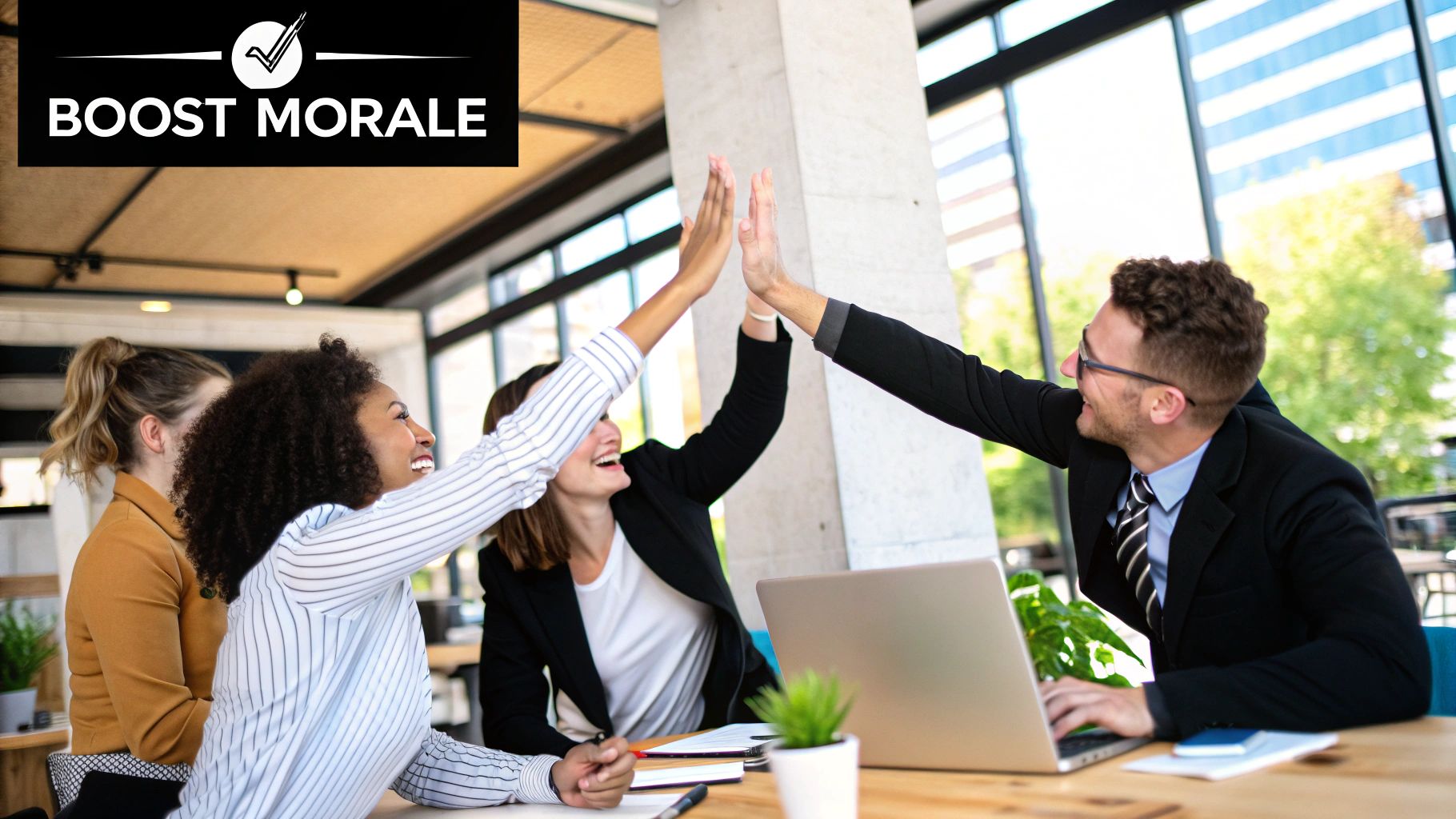 People in an office celebrating together, showing improved team morale.