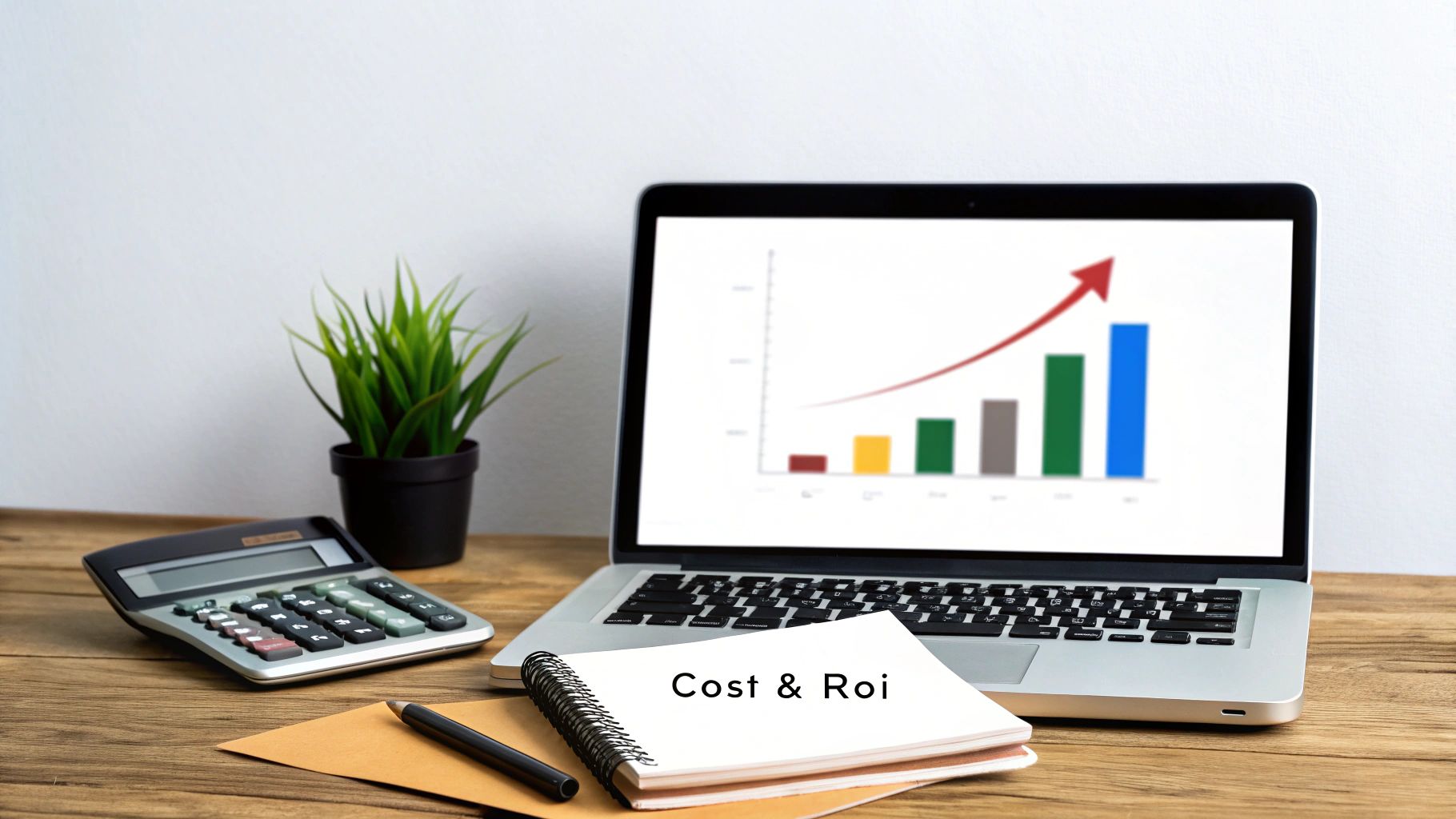 A laptop displaying a growing bar chart, calculator, and 'Cost & Roi' notebook on a wooden desk.