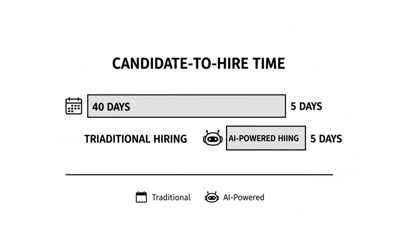 Infographic showing candidate-to-hire time comparison: Traditional hiring takes 40 days, while AI-powered hiring takes 5 days.